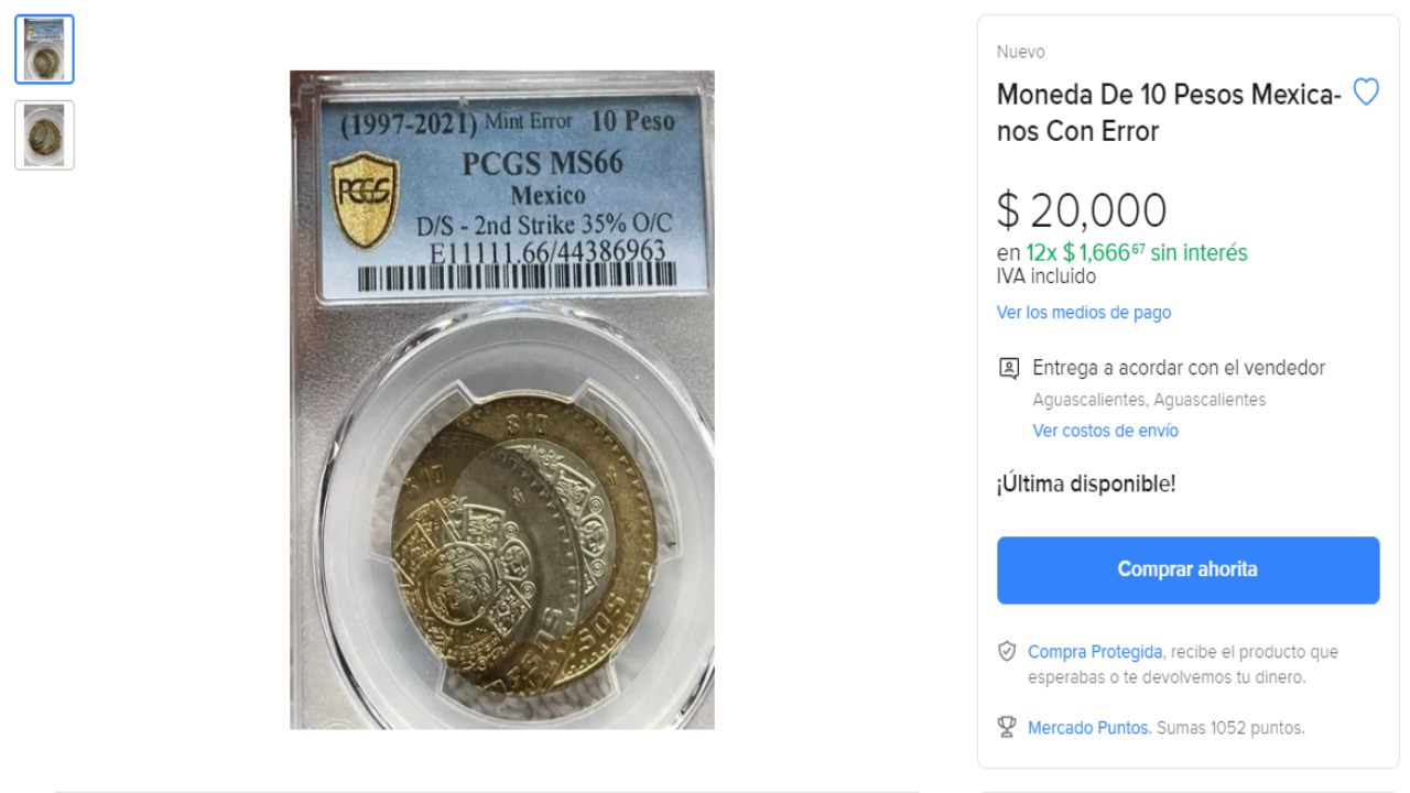 Moneda mexicana de 10 se vende en 20 mil pesos por intenet