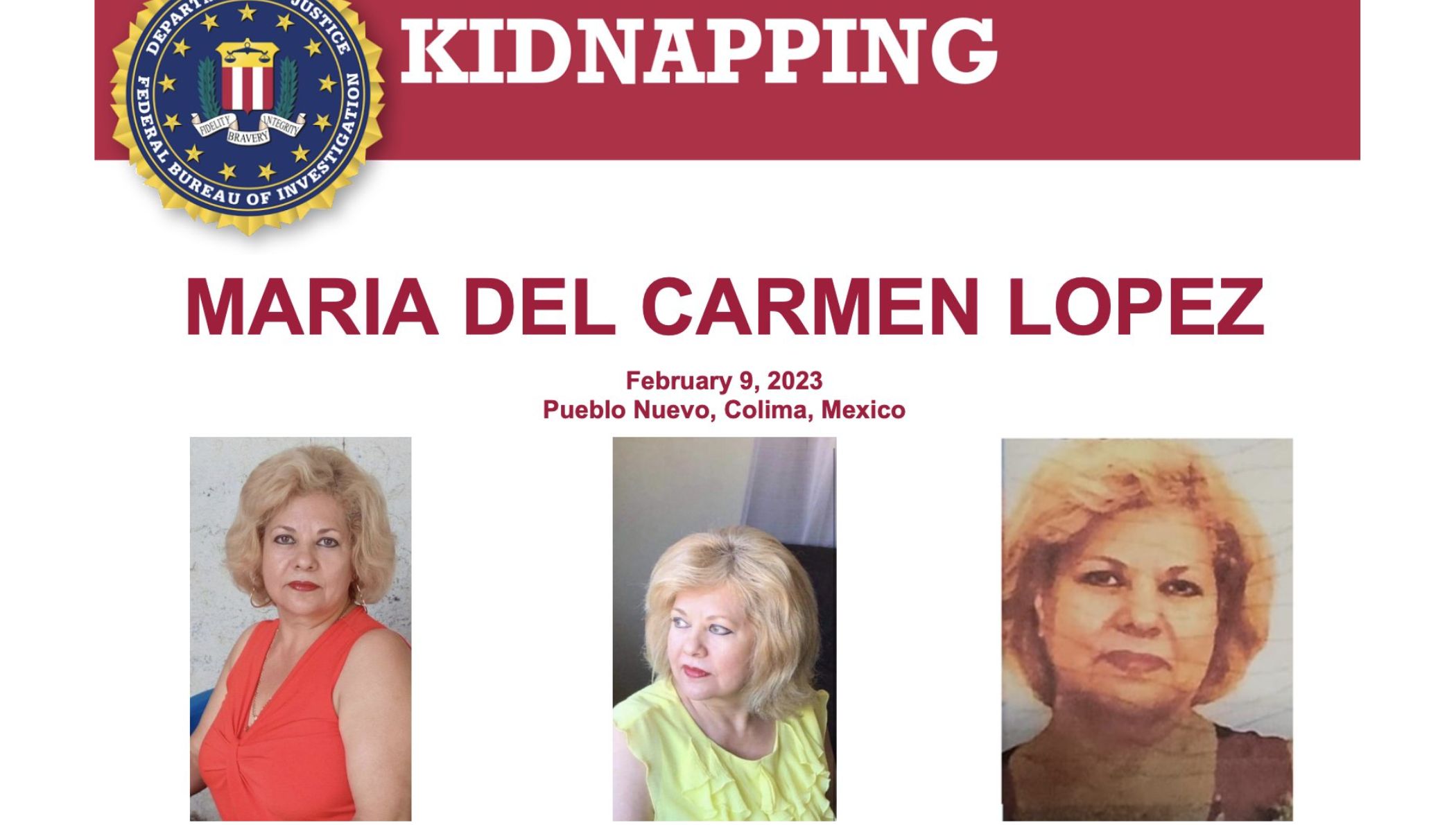 FBI informa secuestro de mujer estadounidense, en Colima